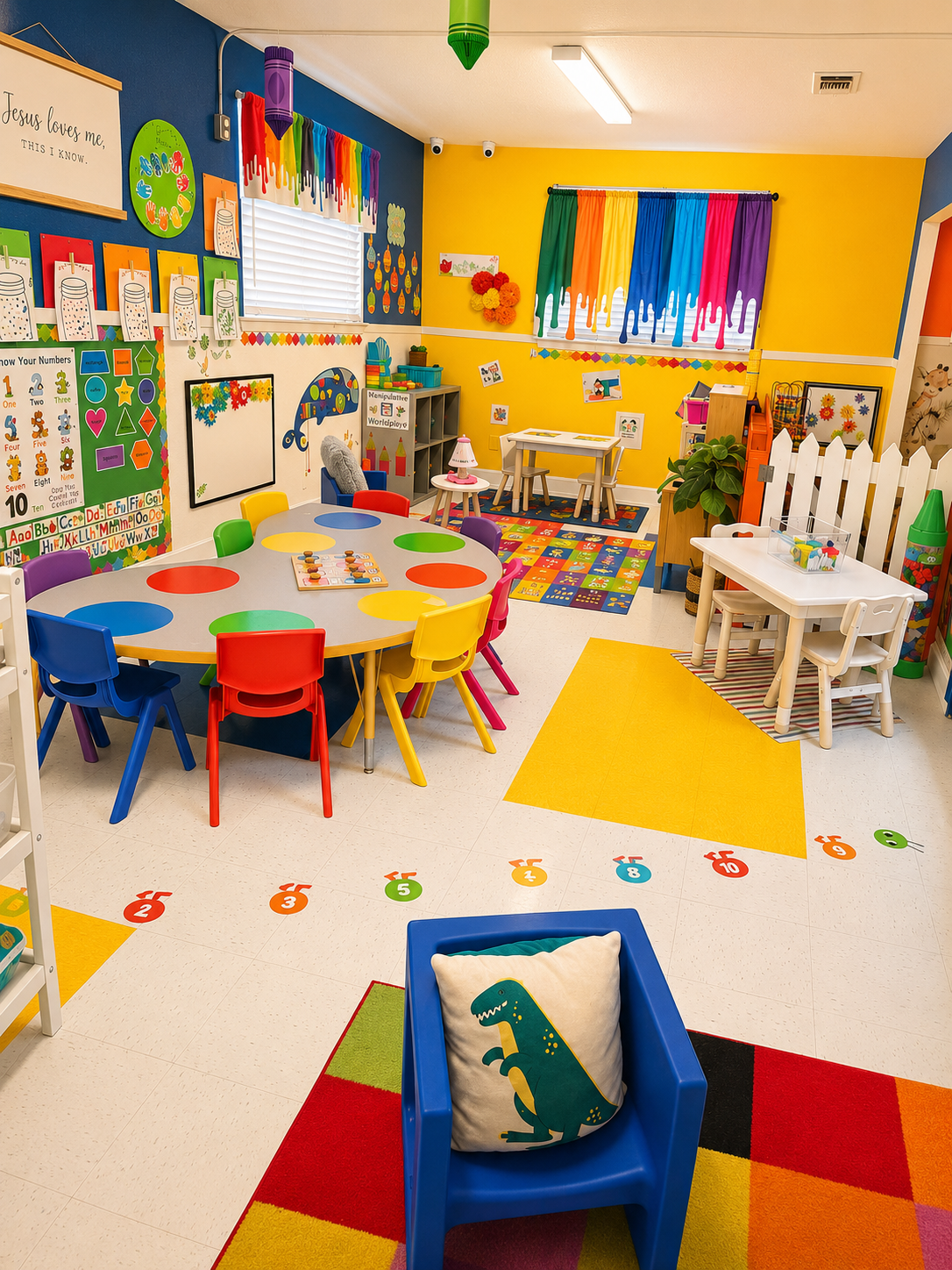 Colorful preschool room with number floor markers and activity tables