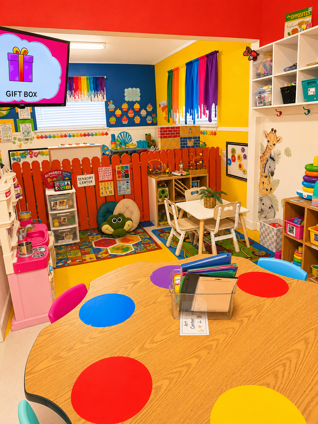 Classroom with art center table, sensory center, and reading area
