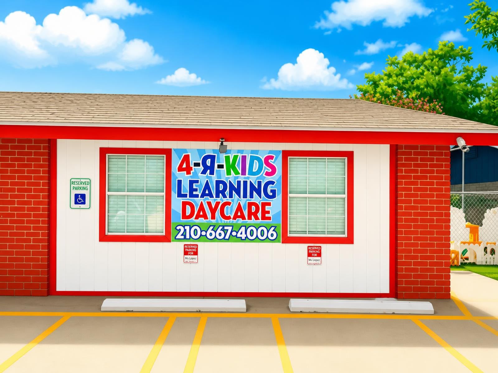 Front entrance of 4-Я-Kids Learning Daycare Center with the colorful building sign