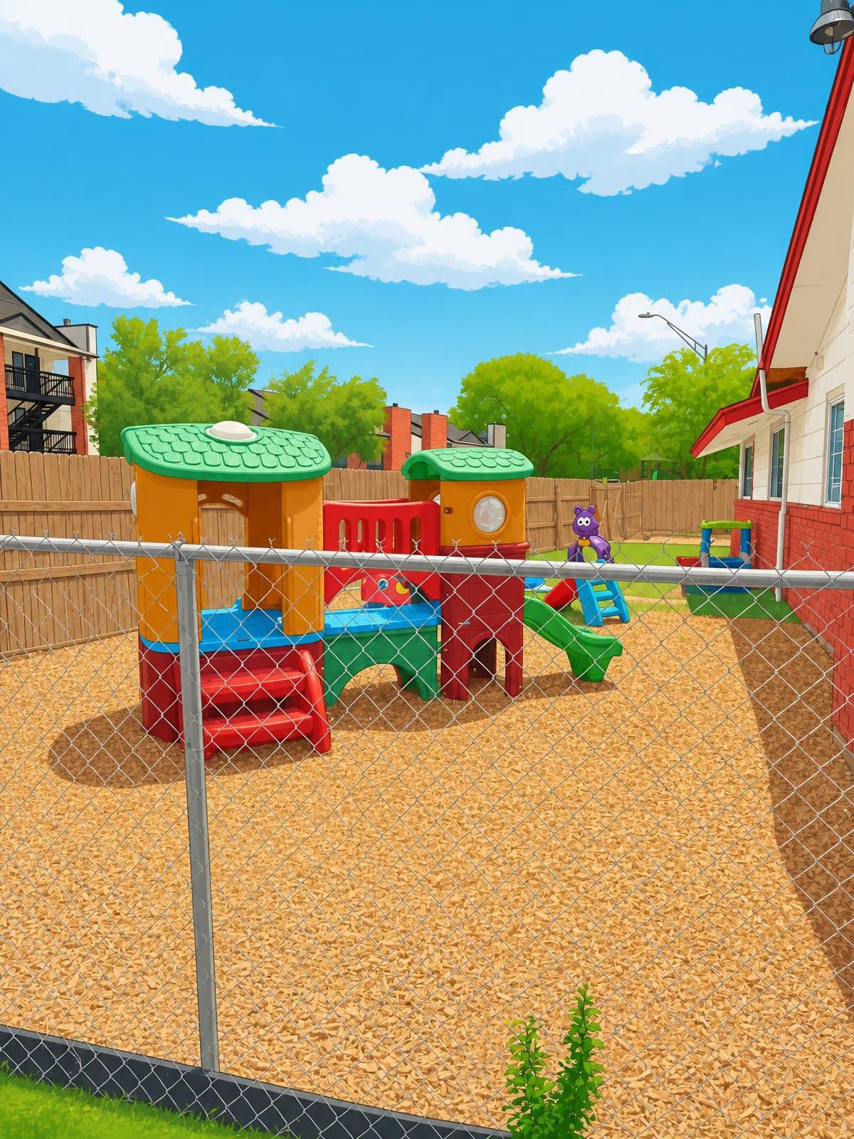 Fenced outdoor playground with climbing structure and slide