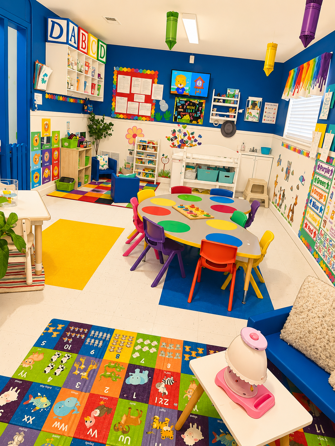 Bright blue classroom with alphabet blocks, learning table, and play rug