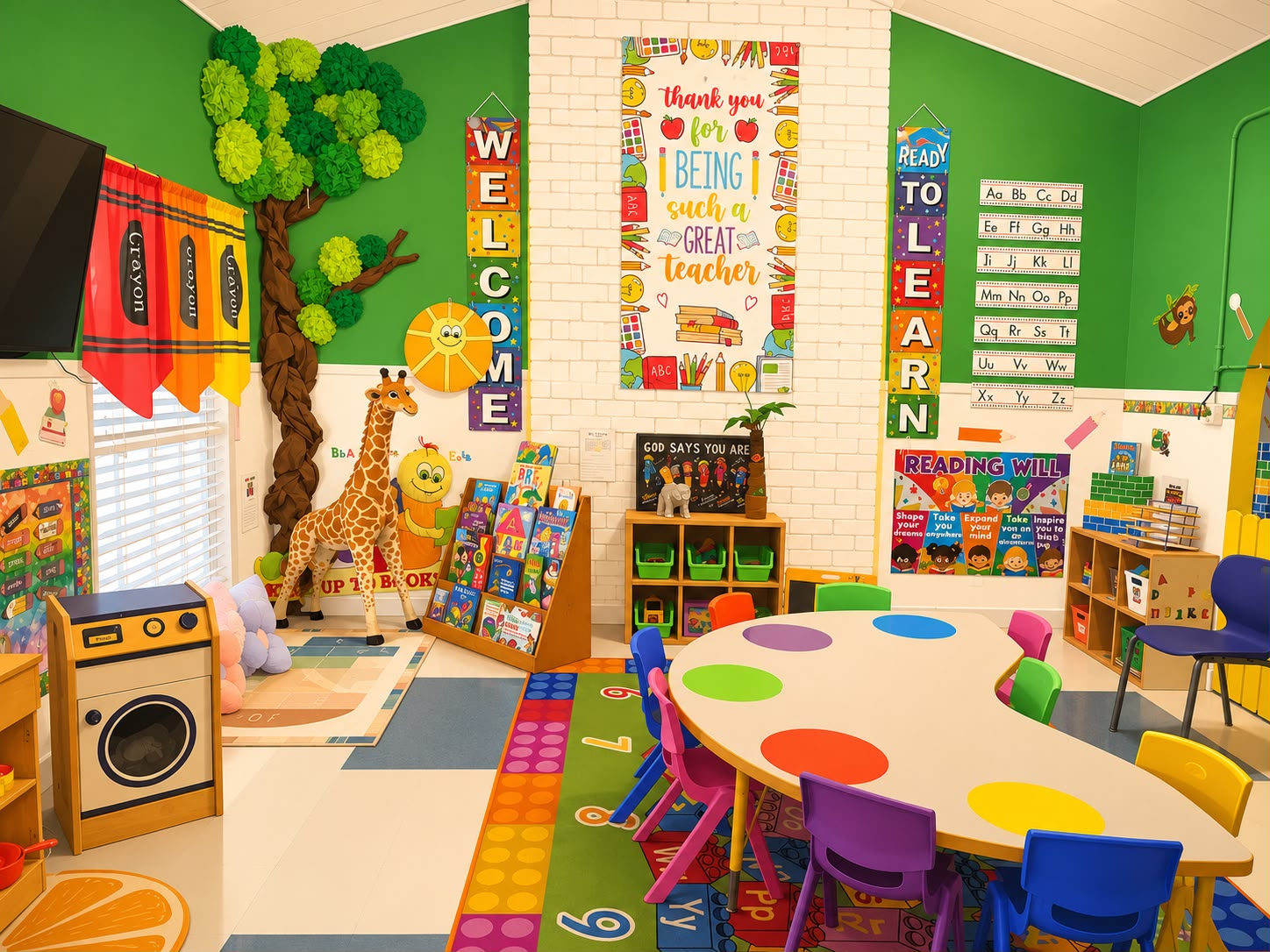 Illustrated 4-Я-Kids Learning Daycare Center classroom with green walls, Welcome banner, and reading corner